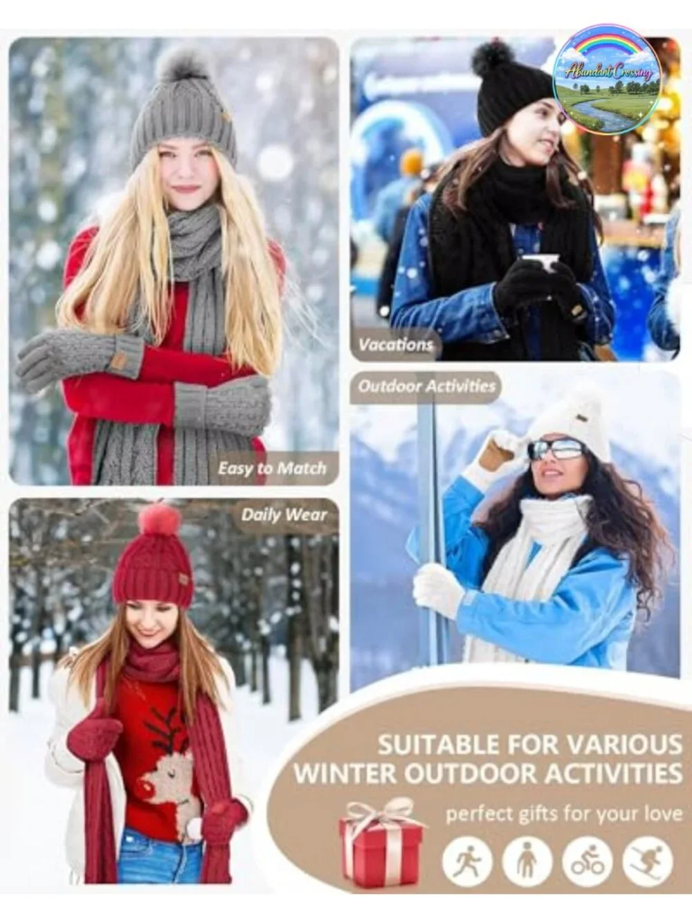 Womens Winter Hat Scarf Gloves Set Fleece Lined Beanie Pom Pom Knit Scarf